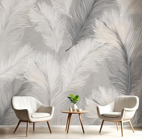 ANALTIRCE Papier Peint Panoramique Bohême,Papier Peint 3D Motif Élégant À Plumes Intissé Wallpaper Chambre Bureau Déco 350× 256cm Personnalisé Décoration Murale Gris