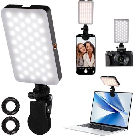 LED Luz Selfie, Luces LED para Selfie con Batería de 2000 mAh, 6500K, 3 Modos de iluminación, Clip Recargable, para Portátil/Teléfono, Cámara de iPhone, Videoconferencia, Youtube, TikTok
