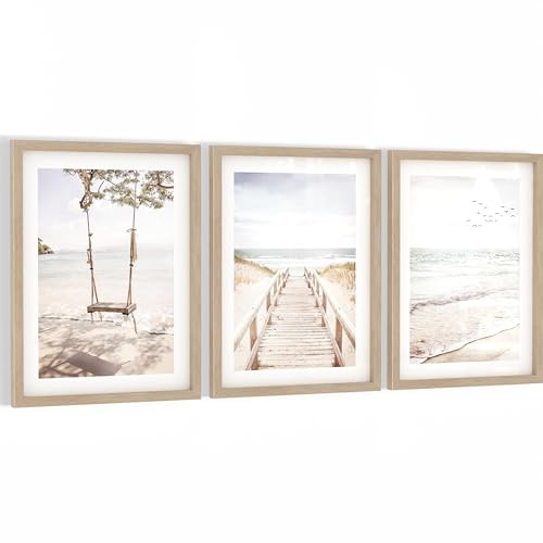 Novart Wandbilder Strand - mit Rahmen - Wohnzimmer Schlafzimmer Büro Wanddeko - 3 Bilder Set Beige - N138135bR1