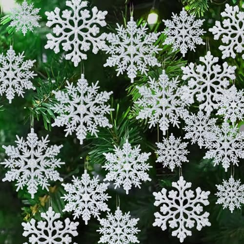 ERBO 24 Stück Schneeflocken Weihnachten Deko, Weihnachtsbaumschmuck Weihnachtsdeko Silber, Baumschmuck Weihnachten, Glitter Schneeflocken Anhänger für Weihnachtsdeko Fensterdeko Weihnachtsbaum Deko