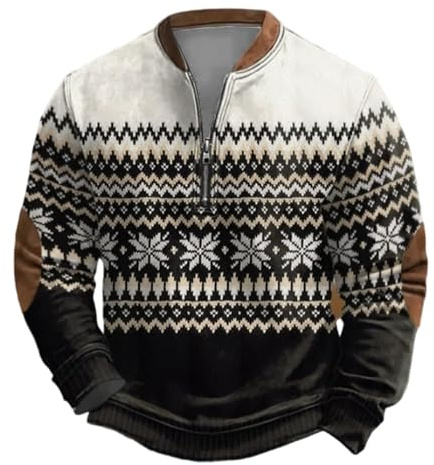 Generisch Herren Strickpullover im Norweger-Stil mit Troyer-Kragen - Warmer Winterpullover mit Ellenbogen-Patches | traditioneller Pullover für Männer