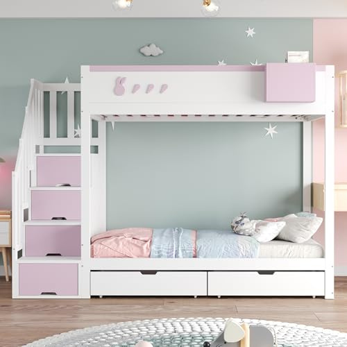 Gxffipw Etagenbett 2 Kinder, Kinderbett 90x200 cm mit Einzigartige Patterns, Hochbett mit Treppe und Schubladen, Stockbett Holzbett mit Stauraum und Rausfallschutz, Weiß+Rosa, Ohne Matratze