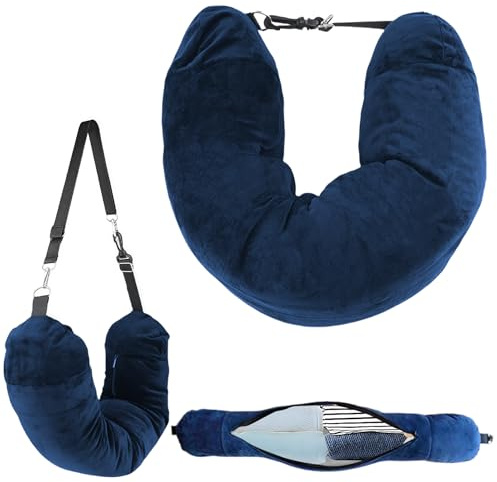HAVIRI Fillable Travel Pillow, Portable Empty Neck Pillow Stuffable for Travel with Adjustable Straps, Soft Airplane Pillows Stuffable for Essentials Extra Luggage, Travel Essentials(Blue)