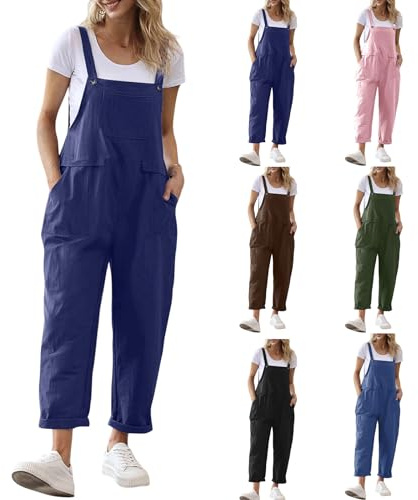 Latzhosen Damen Oversize Latzhose Stoff Blau Arbeitshose Loose Bib Pants Lang Vintage Trägerhose Overall Baggy Jumpsuit Sommerhose Jumpsuit Modische Arbeitsoverall Leicht Playsuit mit Taschen