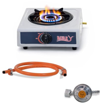1- Flammiger Premium Gasbrenner Leistungsstarker Doppelbrenner für Outdoor & Campingkocher mit automatischer Zündung mit Druckminderer und Schlauch (1-Flammig mit Druckminderer und Schlauch) Gasherd