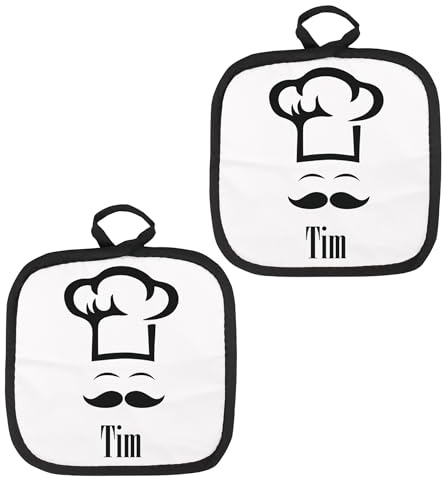 Herz & Heim® Topflappen Set personalisiert mit Name – Koch-Motiv – Geschenk für Hobbykoch, Grillmeister & Küchenchef
