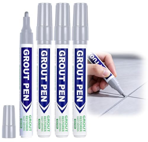 4PCS Grout Pen, Grey Tile Paint Marker Grout Repairer for Tiles Wall and Floor, Reviver Joints Repair Pens Easy to Use for Restoring Tile Bathroom Grout Wall Floor Kitchen Porch Patio Repair (Grey)