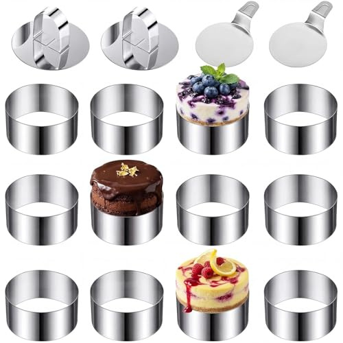Zynaxir 12 PCS 8cm Cake Rings Stainless Steel Crumpet Ring Mousse Moulds with Food Press & Spatula Cooking Rings Set Non-Stick Round Food Ring Oven & Dishwasher Safe for Pastry Desserts Eggs
