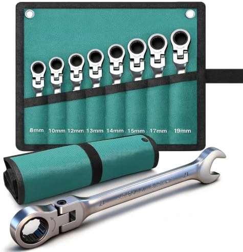 EcoBuild 8-tlg. Ratschenschlüssel Set Metrisch 8-19mm, Flexibler Gelenk Ratschenschlüssel aus Chrom-Vanadium, Maulschlüssel Ratsche mit 180° Schwenkkopf, Ring Ratschenschlüssel Set mit Tasche
