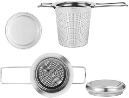 Large Tea Infuser with Lid - Stainless Steel Loose Leaf Tea Strainer, Fine Mesh Filter with Foldable Handle & Multi-Use Lid, Fits Most Mugs, Cups, Teapots, Easy Clean Tea Maker Accessory