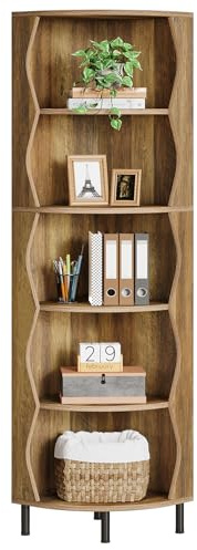 Tribesigns Eckregal 182 cm Hoch mit 5 Ebenen, Modernes Eckbücherregal in Holz-Optik Vintage Braun, Platzsparendes Standregal für Wohnzimmer & Schlafzimmer, Curved-Design, Stabile Kippsicherung