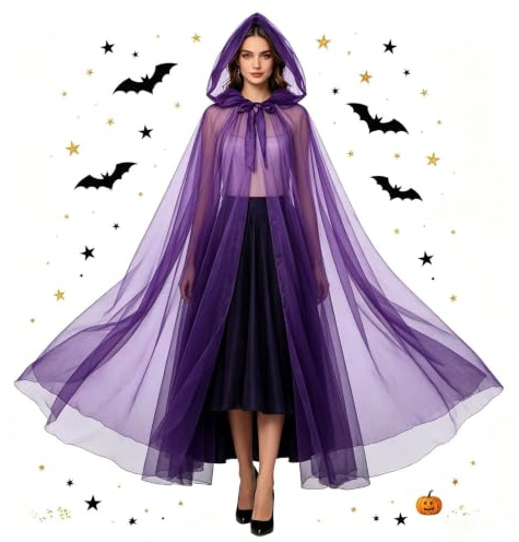 Häxa Halloween-dräkt Lång Edgy Mörk-stil Hooded Cape med Mesh Overlay | Meshkappa med med flytande draperier, andningsbar polyesterfiberkonstruktion och mångsidig dräktslängd