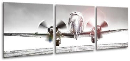 artissimo Glasbilder 3 teilig je 50x50 cm Flugzeug schwarz weiß Foto AG4019A – Glasbild Set modern, mehrteilig, XXL Wandbilder, Wanddeko Bild monochrom industrial