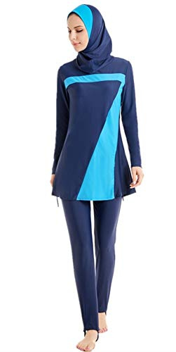 TianMai Nouveau Maillots de Bain Musulman Femmes Filles Manche Modeste Maillot de Bain Burkini Dame Couverture complète Garde Surfant Costume (Blue-1, Int'l L (EU-Taille 38-40))