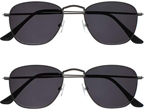 OPULIZE Sky Sonnen Leser Brille 2er Pack Dünner Rand Metallfassung In Klassischer Form Kratzfest Getönte Linse UV400-Schutz Metallgrau Schwarze Spitzen Herren Damen SS95-7 +1.00