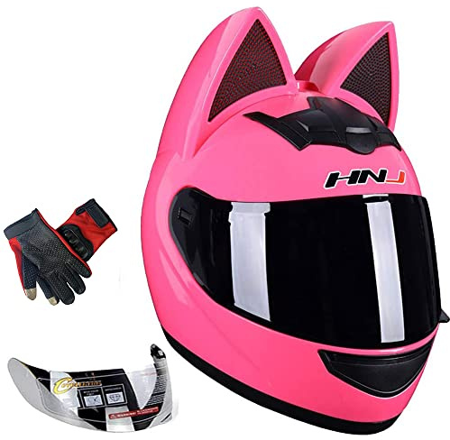 Cat Ear Motorcycle Helmet,Men and Women Cool Cute Cat Full Face Helmet,DOT Certification Standard,Suitable for All Seasons,Pink,M