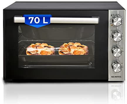 KUMTEL Minibackofen/PizzaOfen, 70 Liter XXL, 2000W Turbofunktion 6 Kochmodi, Innenbeleuchtung, Doppelverglasung, max 230°C, Timer Funktion, Granit-Innenbeschichtung, inkl. Backblech Set, Schwarz