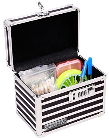 Vaultz Locking Medicine Box with Combination Lock - Secure Metal Lock Box Safe for Medication, Pills & Valuables, Small Lockbox with Code, Portable Storage Case, Striped