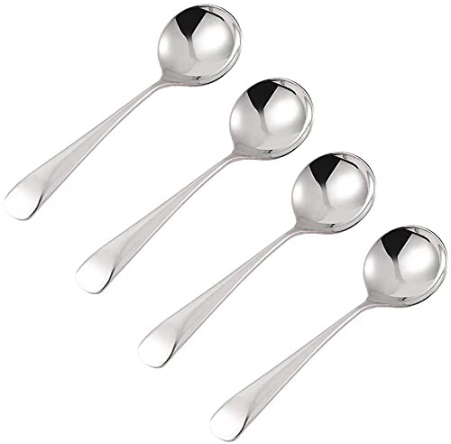 4 Pack Soup Spoons Stainless Steel Round Large Head Bowl Spoons | Heavy Duty Thick Silver Food Spoons