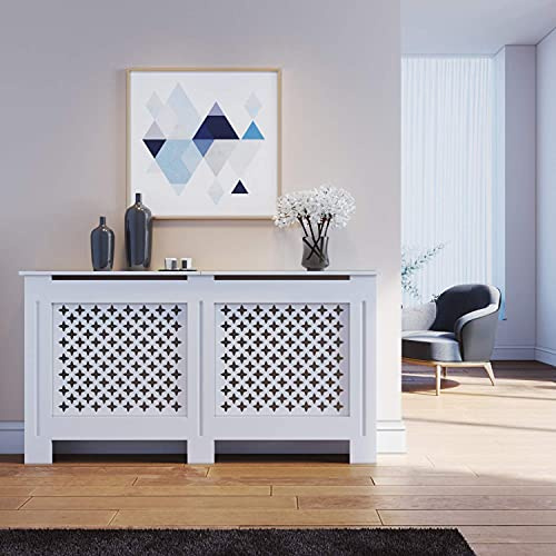 SONNI Copertura per Radiatore, 152x19x81.5 cm Classico e Moderno per Copritermosifone, Copertura Termosifone Grande a Doghe Romboidali Laccati Bianchi
