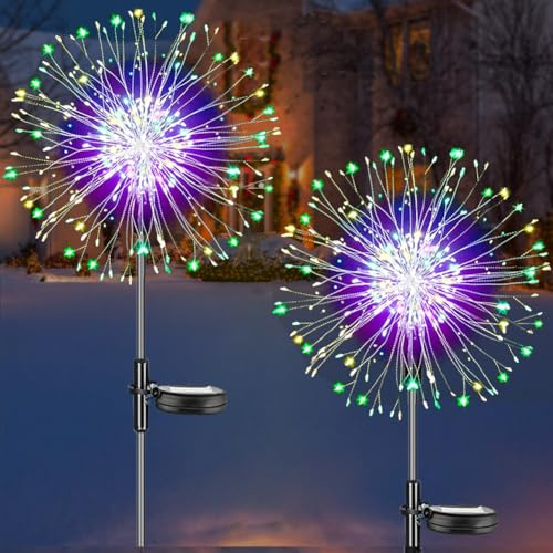 Redefun Solar Gartendeko 2 Stück 120LED Gartendeko Solar Gartenleuchten, 8 Modi Solarleuchte Feuerwerk Wasserdicht Gartenstecker Pusteblume Solarlampen für Außen Balkon Terrasse Deko(Mehrfarbig)
