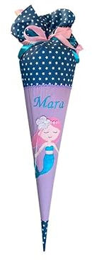 Glückspilz Schultüte mit Namen personalisiert, Meerjungfrau, Zuckertüte Nixe aus Stoff genäht, lila/blau, mit Kissen