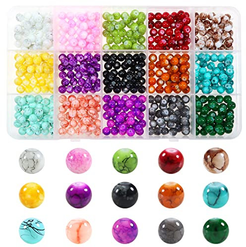 TOAOB 525pcs Marble Pattern Glass Beads for Bracelet Making Kit 6mm Round Multicolor Crystals Crackle Beads 15 Color for DIY Crafts Necklaces Jewellery Making
