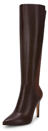 Rilista Womens Knee High Boots Sexy Pointed Toe Stiletto Heel Boot Leather Zipper Dress Shoes, Dark Brown, Size 8.5