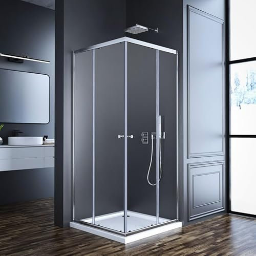 Goezes Duschkabine Eckeinstieg, Duschkabine 80x90cm Eckeinstieg Schiebetür 6mm ESG Glas Duschabtrennung Silber Dusche Duschwand Höhe 185cm, LINKS & RECHTS MONTIERBAR