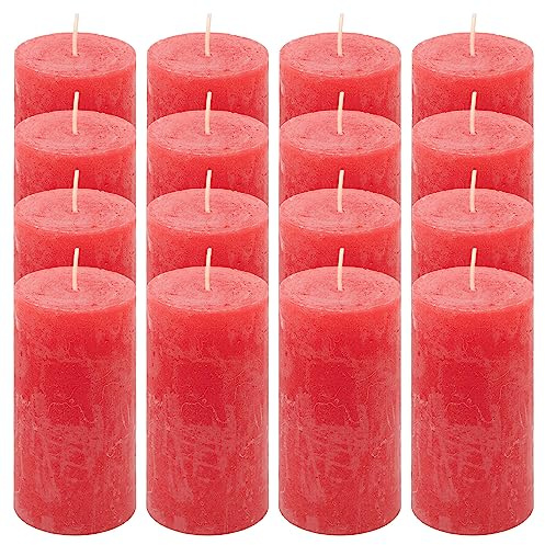 Rustik-Kerze Höhe 10 cm Ø 5 cm lange Brenndauer Rund-Kerze Säulenkerzen Kerzen-Deko Tafelkerzen Weihnachts-Kerzen Hochzeits-Deko (rot, 16)