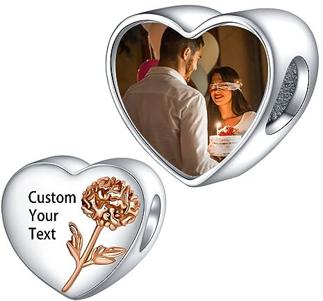 LaMenars Personalized Photo Charms Geburt Blume November Chrysantheme Perlen Sterling Silber Anpassen Bild Liebe Herz für Frauen Armbänder und Halsketten Geschenke für Mädchen