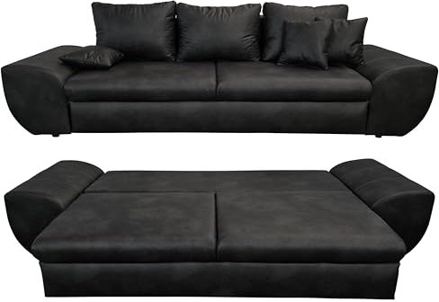 Vintage Big Sofa mit Schlaffunktion und Bettkasten, B275/T98/H90 cm, XXL Trend Couch 275 cm breit, Wellenunterfederung, Liegefläche 148x194 cm, Mikrofaserstoff in Leder-Optik in Schwarz / 18010