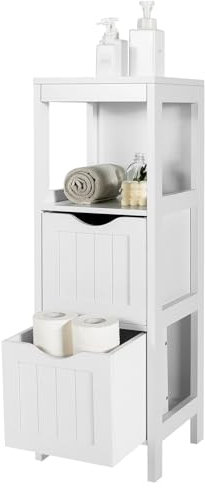 COSTWAY Badezimmerschrank schmal, freistehender Badschrank mit 2 herausnehmbaren Schubladen, offenen Regal & Kippersicherung, Aufbewahrungsschrank aus Holz für Badezimmer, 30 x 30 x 90 cm (White)