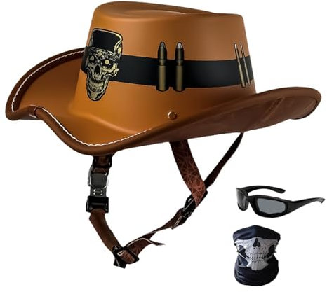 Motorradhelm Western Cowboy Hut Halbhelm, Persönlichkeit, Vintage-Halbhelm (Handtuch + Sonnenbrille + Maske), Offener Motorradhelm, ECE-Zugelassener Retro-Western-Cowboyhut-Helm