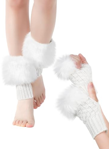 Bencailor Winter Fluffy Leg Warmers and Wrist Cuffs Warmers Set, Include Boot leg Cuffs Furry Fingerless Gloves(White)