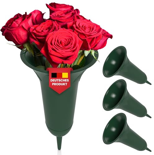 4 Stück Oramics Grabvasen mit Erdspieß zum Stecken 26 cm – Blumenvasen aus recyceltem Kunststoff für Nass- und Trocken-Blumen als Grabdeko – Vasen als Grabschmuck für Erdbestattungs- oder Urnengrab