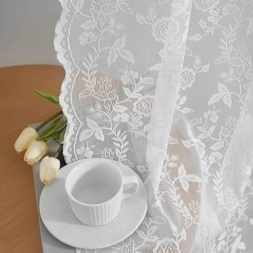 FINECITY White Lace Curtains 54 Inch Length for Bedroom, Rustic Leaf Floral Pattern Lace Curtain Panels, Rod Pocket Vintage Privacy Sheer Lace Curtains, 42 x 54 Inch, 2 Panels, White