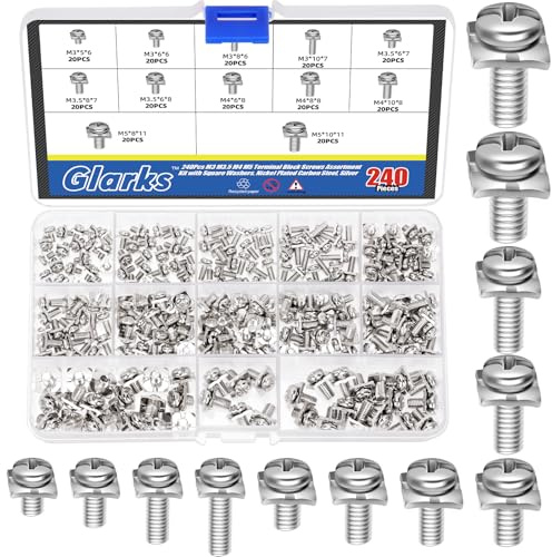 Glarks 240 morsettiera M3 M3.5 M4 M5 con rondelle quadrate, set di 12 misure nichelate in acciaio al carbonio, morsettiera a vite e rondella quadrata
