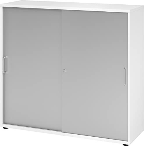 bümö Schiebetürenschrank 3OH - Aktenschrank abschließbar, Sideboard Schrank mit Schiebetüren in Weiß/Silber, Bügelgriff - Büroschrank aus Holz mit Schiebetür, Büro Kommode für Ordner & Co.