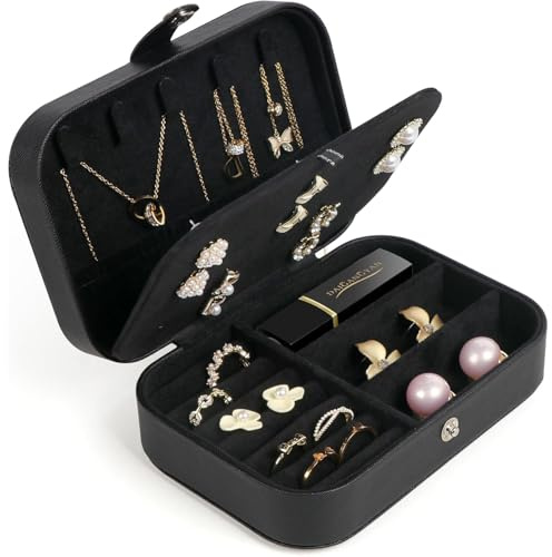 Schmuckkästchen Reise,Schmuckkasten klein,PU-Leder Schmuckaufbewahrung,Schmuckbox für Damen Mädchen,Schmuck-Reiseetui für Ringe Ohrringe Armbänder Halsketten(Schwarz)