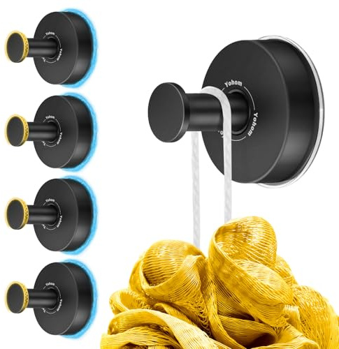 YOHOM Crochet Ventouse Salle de Bain Porte Serviette Ventouse Puissant Support Accroche Torchon Cuisine Ventouse Crochet Douche Murale pour Peignoir Manteau Acier Inox 4 Pièces Noir mat