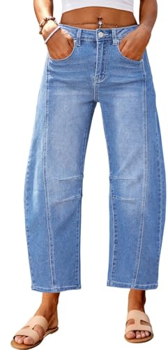 Genleck Barrel Jeans für Damen, weites Bein, Cropped-Jeans, hohe Taille, Baggy, Boyfriend-Mom-Denim-Knöchelhose mit Taschen, Hell, blau, 42