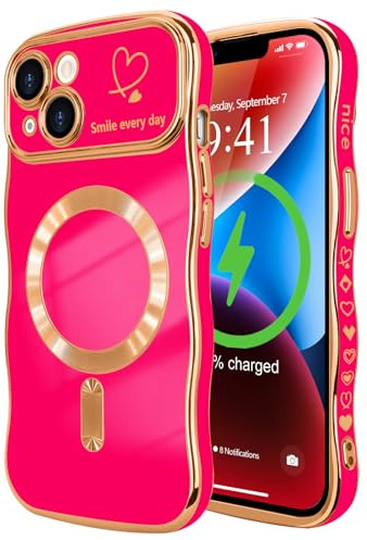 LCHULLE for iPhone 14 Case for Women Girls [Compatible with MagSafe] Cute Curly Wave Shape, Magnetic Love Heart Pattern with Camera Lens Cover Luxury Plating Shockproof Phone Case,Hot Pink | [Compatible with MagSafe] Cute Curly Wave, Love Heart Pattern with Camera Lens Cover Luxury Plating Shockproof Phone Case
