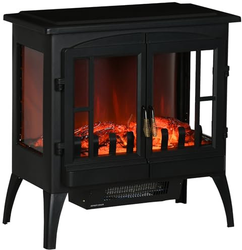 HOMCOM Chimenea Eléctrica 1000 W/2000 W Chimenea Decorativa de Pie con Ventanas LED Llamas Brillo Ajustable y Protección Sobrecalentamiento para 15-20 ㎡ 60x37x60,5 cm Negro
