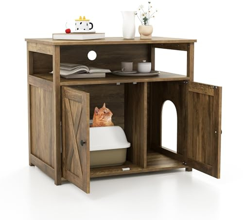 COSTWAY Cat Litter Box Enclosure, Wooden Kitty Hidden Washroom Toilet with Double Doors, Side Entrance & Middle Compartment, Indoor Cats House Cabinet End Table Nightstand for Bedroom Living Room