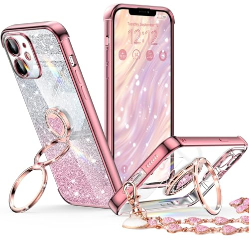 XYZ Schutzhülle für iPhone 12 Mini mit Ständer, Handyhülle mit Doppelring-Ständer, für Damen und Mädchen, glitzernd, transparent, Herzform, Roségold