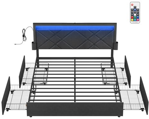 VASAGLE Lit Double, 160 x 200 cm, avec LED, en Métal, 4 Tiroirs, Multiprise, Tête de Lit Rembourrée Ajustable, Pas Besoin de Sommier, Gris Ardoise et Noir Mat RMB828G02