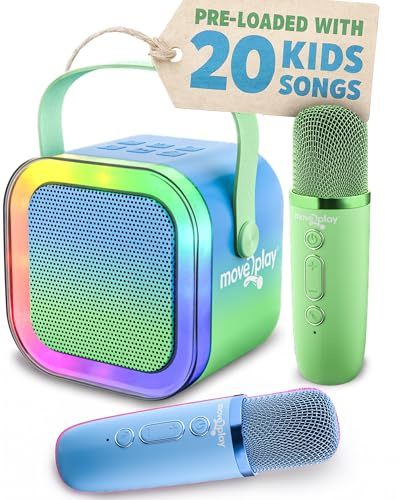 Move2Play, Máquina de karaoke para niños, incluye más de 20 canciones para niños, 2 micrófonos, conecta con Bluetooth, regalo de 3, 4, 5, 6, 7 años en adelante, juguete para niñas, niños y niños