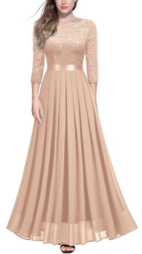 MIUSOL Women's Retro Floral Lace 3/4 Sleeve Wedding Bridesmaid Maxi Dress (Large, Sequin Version - Champagne)