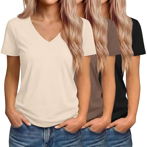 Riyiper 3 Pack Women's V Neck Loose Fit T Shirts | Short Sleeve Tops, Plain Shirts, Straight Hem, Summer Tees, Basic Casual Outfit, Daily Wear, Work, Street, Beach